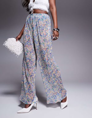 ASOS LUXE co-ord wide leg plisse mesh floral trouser