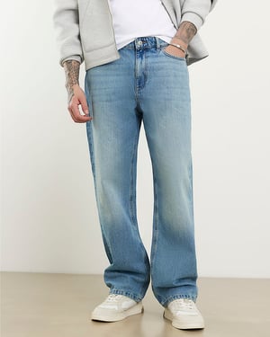 River Island Mens Loose Fit Jeans Blue Denim Button Zip