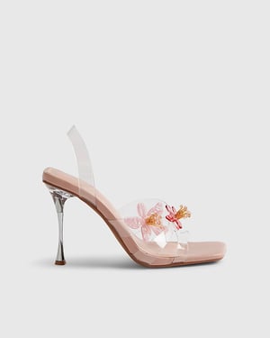 River Island Womens Heels Pink Perspex Straps Flower Square