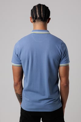 Mid Navy Regular Fit Cotton Button Polo Shirt With Stripe Detail