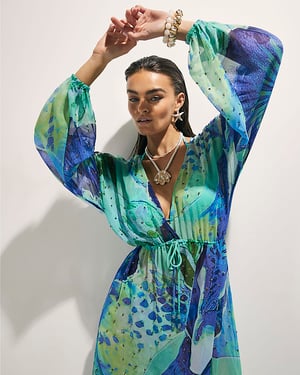 River Island Womens Maxi Beach Tunic Dress Blue Floral Print V-Neck