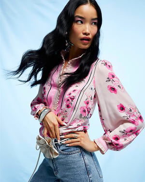 River Island Womens Blouse Pink Floral Half Placket Long Sleeve