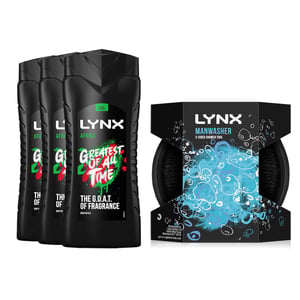 3x Lynx 12H Refreshing Shower Gel Africa 500 ml with Manwasher 2Sided ShowerTool