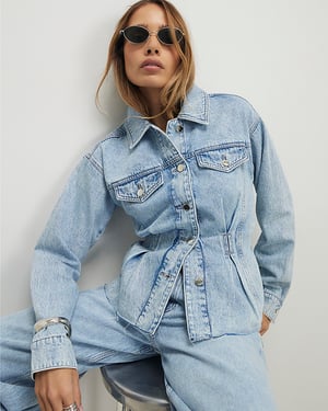 River Island Womens Denim Jacket Blue Waisted Long Sleeve Button