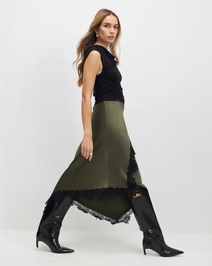 River Island Womens Midi Dress Khaki Lace 2 in 1 Hybrid Design Drape
