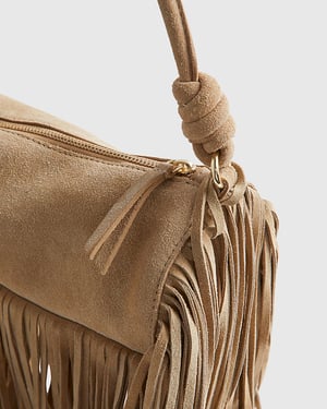 River Island Womens Cylinder Bag Beige Mega Fringe Suede Zip