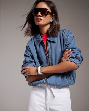 River Island Womens Bomber Jacket Blue Gather Detail Denim