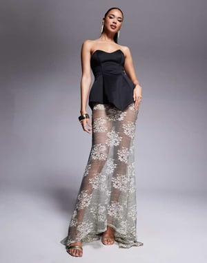 ASOS DESIGN Premium moulded dress with lace maxi skirt in black scuba-style fabric