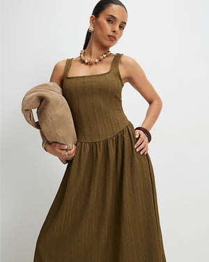 River Island Womens Midi Dress Petite Khaki Sleeveless Square Neck
