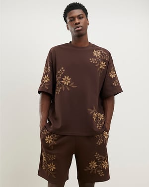 River Island Mens T-Shirt Brown Oversized Fit Floral Crew Neck