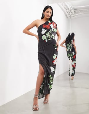 ASOS EDITION – Mörkgrå, blommig, broderad, draperad maxiklänning med en axel och slits
