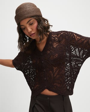 River Island Womens Cardigan Brown Crochet Short Sleeve V-Neck