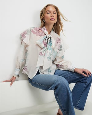 River Island Womens Blouse Cream Floral Pussybow Long Sleeve
