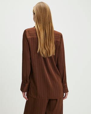 River Island Womens Blouse Brown Satin Striped Crinkle Long Sleeve