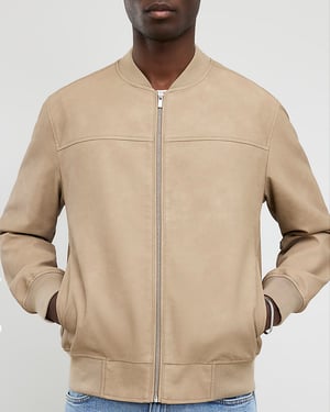 River Island Mens Bomber Jacket Beige Faux Leather Long Sleeve