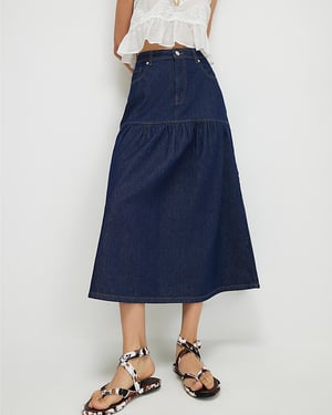 River Island Womens Midi Skirt Blue Panelled Denim Button Zip