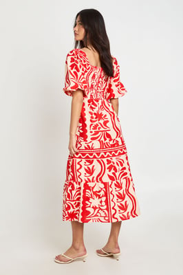 Petite Floral Print Linen Look Volume Sleeve Tiered Midaxi Dress