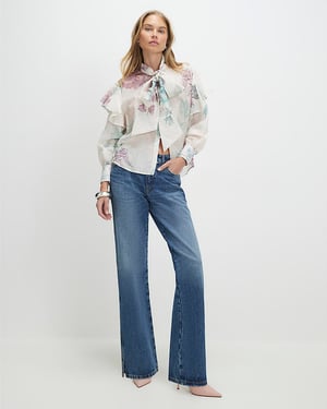 River Island Womens Blouse Cream Floral Pussybow Long Sleeve