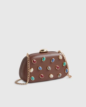 River Island Womens Clutch Bag Brown Mixed Gem Hard Shell Clasp