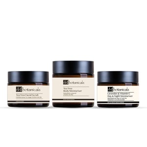 Dr. Botanicals Tea Tree Facial Scrub, Anti-Ageing Day & Night Moisturiser & Body Moisturiser Set for Fine Lines, Wrinkles, Dullness