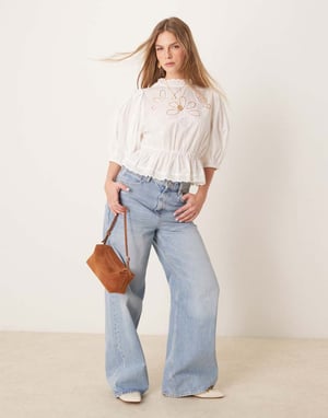 Gina Tricot puff sleeve blouse top with embroidered cutwork front bodice detail in white