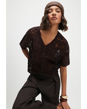 River Island Womens Cardigan Brown Crochet Short Sleeve V-Neck