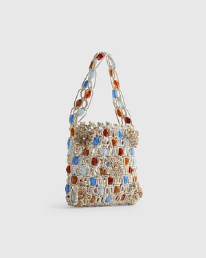 River Island Womens Rope Bag Cream Beaded 3D Flower Del Maar