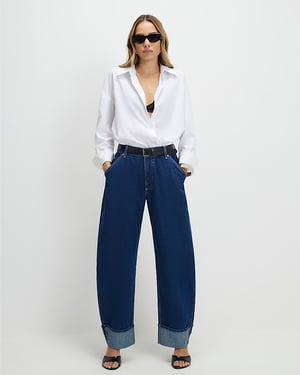 River Island Womens Barrel Leg Jeans Blue Turn Up Cuff