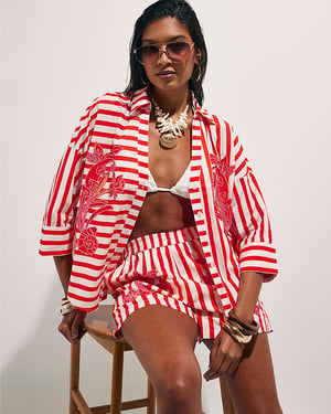 River Island Womens Shirt Red Cotton Stripe Beaded Floral