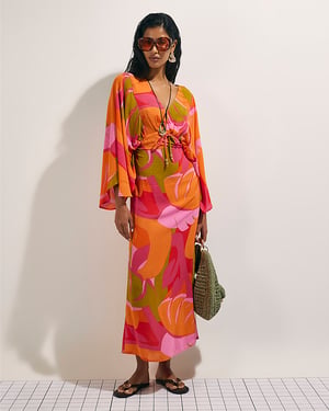 River Island Womens Kaftan Dress Pink Leaf Print Long Sleeve V-Neck
