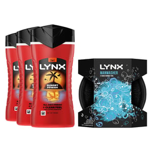 3x Lynx Sunset Fresh Body Wash 225ml with Lynx Manwasher 2-Sided Shower Tool