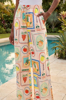 Fruit Print Tie Waist Stretch Trouser