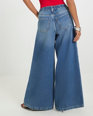 River Island Womens Wide Leg Jeans Petite Blue Elastic Back