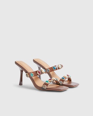 River Island Womens Heeled Mules Brown Perspex Straps Gem Heels