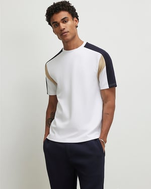 River Island Mens T-Shirt White Slim Fit Shoulder Colour Block