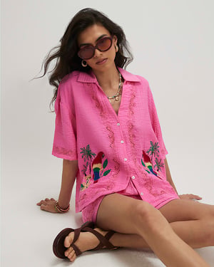 River Island Womens Top Pink Parrot Embroidered Broderie Short Sleeve