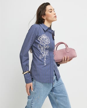 River Island Womens Shirt Blue Striped Long Sleeve Embroidered