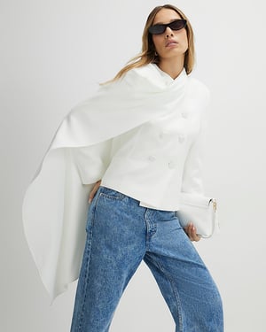 River Island Womens Blazer White Long Sleeve Short Cape Round Neck