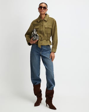 River Island Womens Jacket Khaki Belted Faux Suede Collared