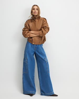 River Island Womens Wide Leg Jeans Blue Pleated Cargo Pocket