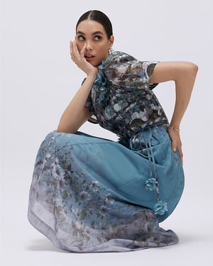 River Island Womens Midi Dress Blue Floral 3D Corsage Short Sleeve