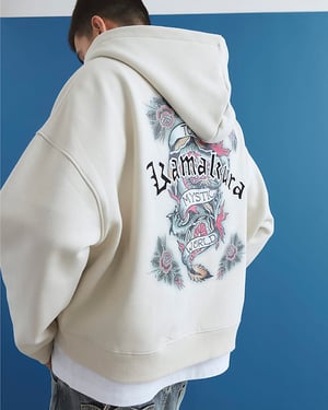 River Island Mens Hoodie Cream Oversized Fit Japanese Kamakura Zip