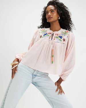 River Island Womens Blouse Pink Tropical Embroidered Notch Smock