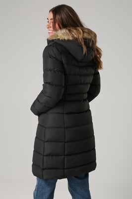 Black Midi Padded Parka Jacket With Faux Fur Hood