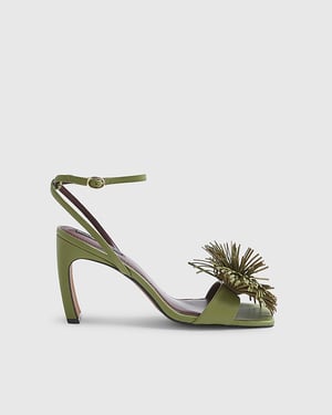 River Island Womens Heeled Sandal Green RI Studio Leather Pom Buckle