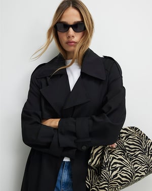 River Island Womens Trench Coat Black Collared Long Sleeve