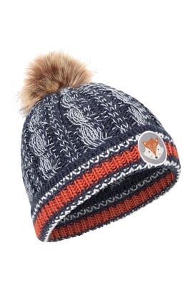 Badged Kids Pom Pom Beanie Faux Fur Warm Cosy Winter Hat Navy