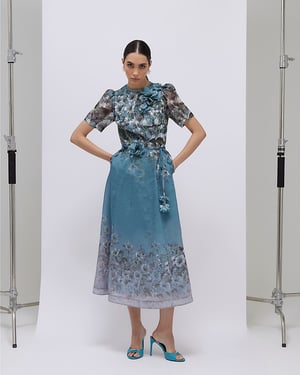 River Island Womens Midi Dress Blue Floral 3D Corsage Short Sleeve