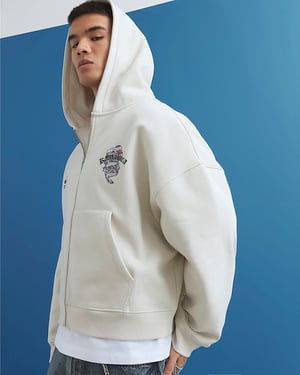 River Island Mens Hoodie Cream Oversized Fit Japanese Kamakura Zip