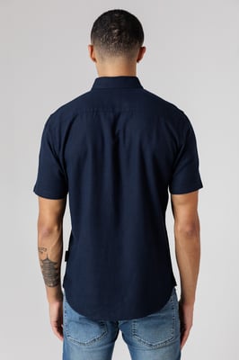 Navy Linen Blend Short Sleeve Chest Pocket Shirt